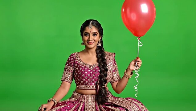 A young Indian woman in traditional attire holding a red balloon and smiling at the camera.