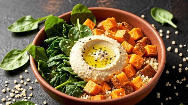 Healthy food bowl with hummus.