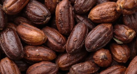 Obraz premium Close detail of fresh cacao beans illustrating unique texture and subtle color variations