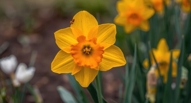 Bright orange Jetfire daffodil blooming vividly in spring garden