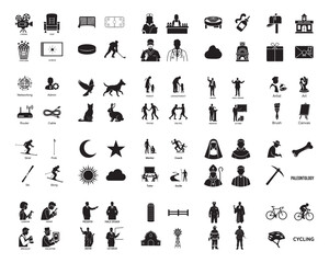 A collection of various silhouettes of people and objects against a white background in silhouette mode