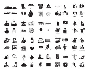 Fototapeta premium A collection of various black silhouettes on a white background, showcasing everyday life and objects in silhouette mode