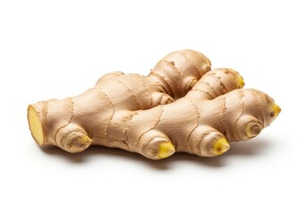 Fototapeta premium Fresh ginger roots displayed on a clean white surface from a high viewpoint showing organic texture and vibrant yellow tips