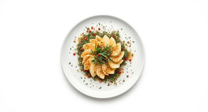Bryndza cheese slices topped with a blend of herbs and spices on a white background for high end culinary showcases