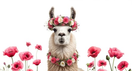 Fototapeta premium Adorable artistic portrayal of a flower garlanded llama in a child inspired style on white background with wild animals and vibrant pink poppy details