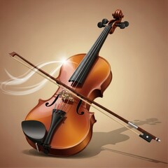 Fototapeta premium Glossy violin with bow rests against its side on a gradient background