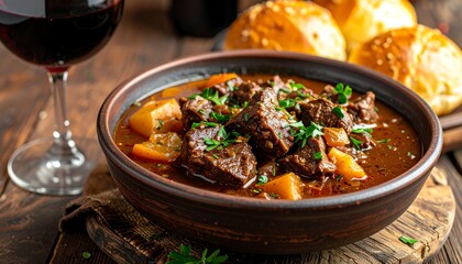 Beef stew in bowl, paired with wine and bread on wooden surface; appetizing, rich, rustic, and savory meal presentation