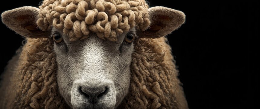 Close up portrait emphasizing the curly fleece of a Herdwick sheep