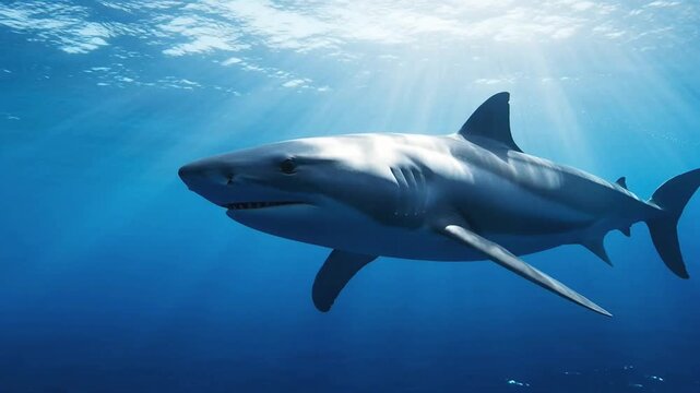 Three gray sharks swimming underwater in blue ocean with sunlight 4k video