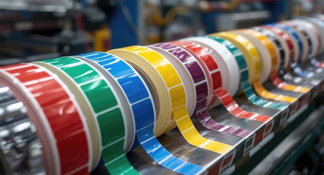 Colorful rolls of custom-cut self-adhesive tape displayed on a manufacturing line with label production and die cutting