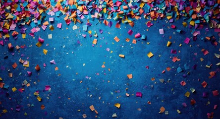 Obraz premium Confetti arrangement on a blue textured studio background with text area