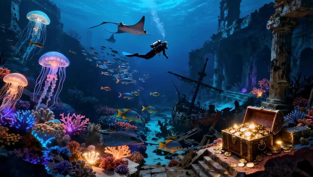 Vibrant underwater scene with a diver exploring a colorful coral reef, sunken ship, glowing jellyfish, and a treasure chest.