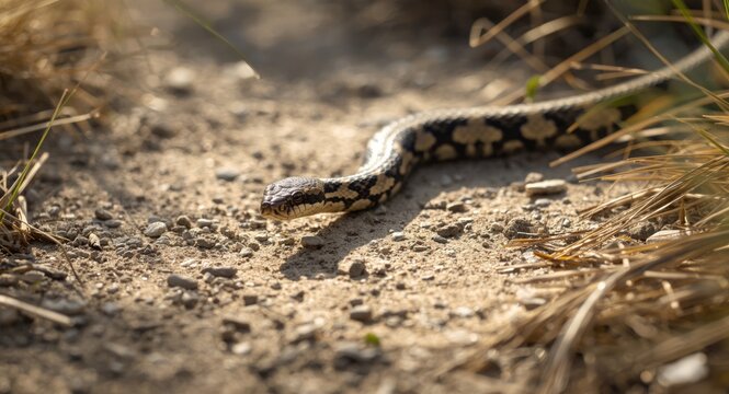 Curious juvenile Southern Hognose snake crossing a sunlit sandy trail