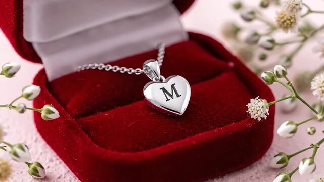 Heart necklace in red box.