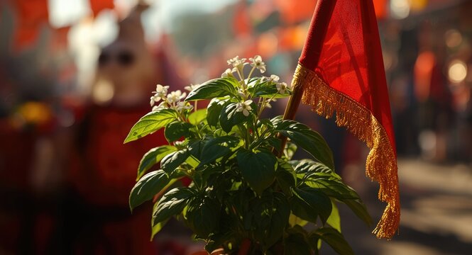 Manjerico basil plant holding red flag in traditional Portuguese summer festivity
