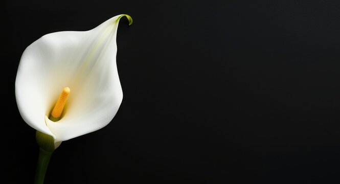 Elegant white calla lily bouquet on a black background condolence card design