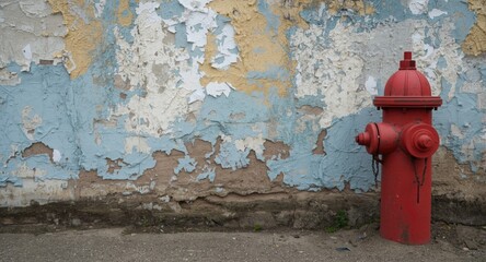 Aged wall featuring peeling paint and a close fire hydrant
