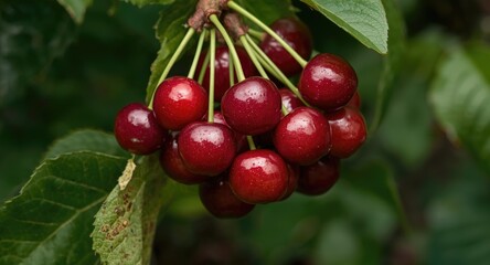 Obraz premium Cluster of ripe cherries surrounded by green foliage close up