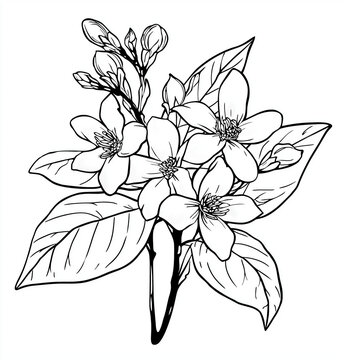 a vector illustration of jasmine flowers, simple line art with solid lines and no shading, white background, coloring page style, hand-drawn elements, minimalistic design for adults to color, thin bla