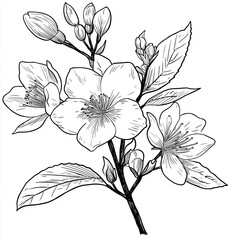 a vector illustration of jasmine flowers, simple line art with solid lines and no shading, white background, coloring page style, hand-drawn elements, minimalistic design for adults to color, thin bla