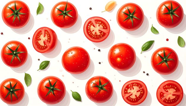 Tomatoes scattered with basil leaves and black pepper on a white surface. Bright and juicy!