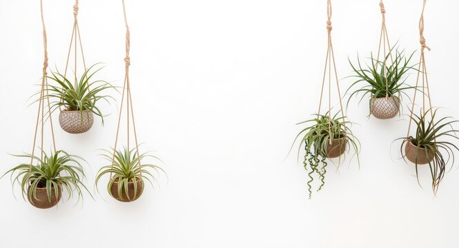 Air plant holders with Tillandsia arrangements and copy space background for text design