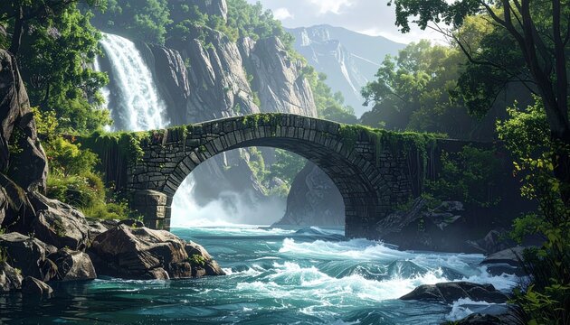 Stone bridge arches over a rushing river in a scenic, lush mountain valley
