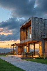 Fototapeta premium A contemporary wooden house featuring expansive windows stands gracefully at sunset in a picturesque rural setting, enveloped by majestic mountains and vast open fields