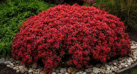 Autumn sedum in vibrant bloom with thick garden greenery and assorted decorative stones