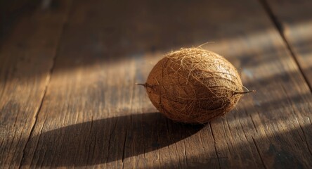 Single coconut resting on a rustic wooden tabletop with natural light