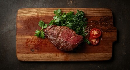 Fototapeta premium Top down shot of dry aged Wagyu ribeye steak placed on burnt timber board accompanied by leafy greens and tomato slices with copy space