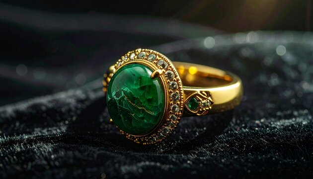 Close-up of a gold ring with emerald stone, set on dark fabric