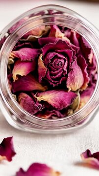 Dried Purple Rose in Glass Jar - Romantic Still Life with Fallen Petals and Vintage Aesthetic for Valentine s Day Wedding or Beauty Concepts