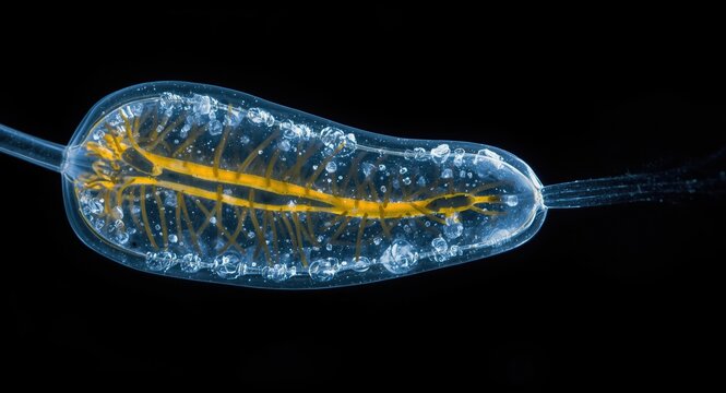 Close up microscopic image showcasing Euglena genus and its elongated single celled flagellate with flagella