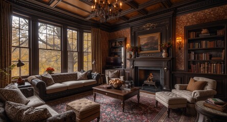 Naklejka premium Autumn-inspired cozy living room of a Victorian mansion with grand window views