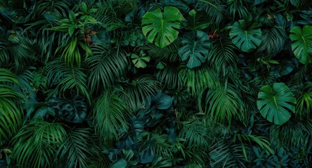 Dense tropical foliage background featuring a vibrant vertical greenery wall with contrasting lush leaves