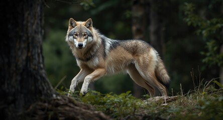 Fototapeta premium Agile werewolf posing dynamically in natural forest with copyspace