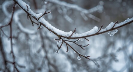 Obraz premium Close photorealistic shot of icy snow on bare branches during a cold winter period