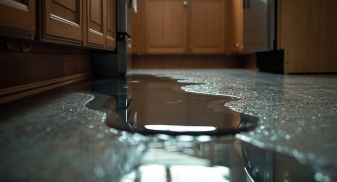 Close up of leaking water spreading flood across kitchen floor space