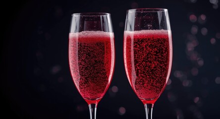 Obraz premium Chic scarlet champagne glasses with effervescent bubbles poised on a dark scene for elegant women's celebration themes