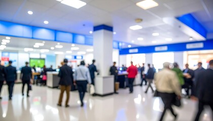 Fototapeta premium Blurred, brightly lit indoor scene, with many people walking, creating a busy, generic lobby ambiance