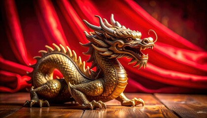 Obraz premium Ornate Ceramic Chinese Dragon Figurine with Intricate Gold Detailing on Wooden Surface