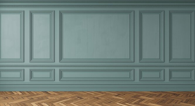 Classic styled interior wall with ornate mouldings and herringbone parquet floor shown in digital rendering