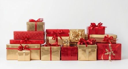Obraz premium Collection of stacked presents wrapped in red and gold paper arranged on white backdrop