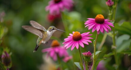 Obraz premium A buzzing hummingbird navigates among radiant blooms in its natural habitat