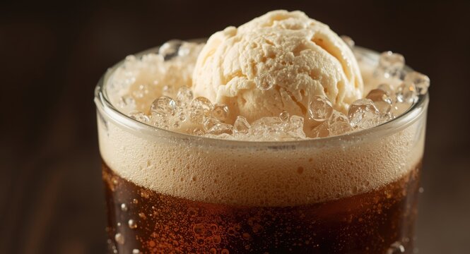 Classic root beer float featuring cold ice cream and soda bubbles
