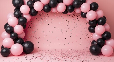 Obraz premium Elegant celebration setup featuring pink and black balloons with scattered star confetti on a soft pink backdrop