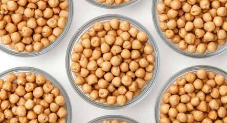 Close up of natural brown chickpeas neatly layered in clear glass bowls isolated on white background