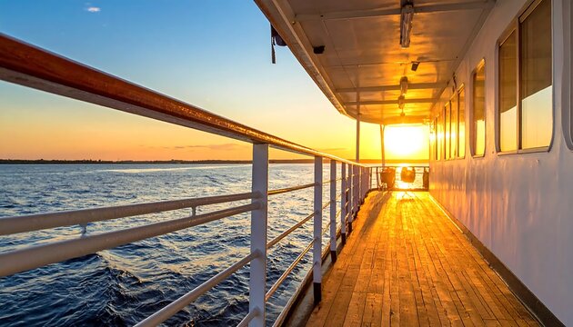 Sunset view from a cruise deck, wooden floor reflects warm light and railings overlook ocean horizon