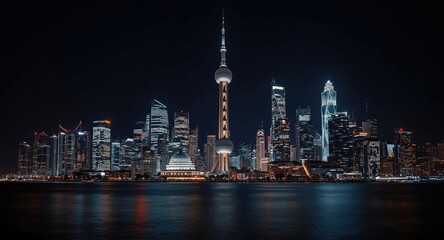 Obraz premium Abstract AI art representing an urban skyline at night featuring a shining tower and city glow